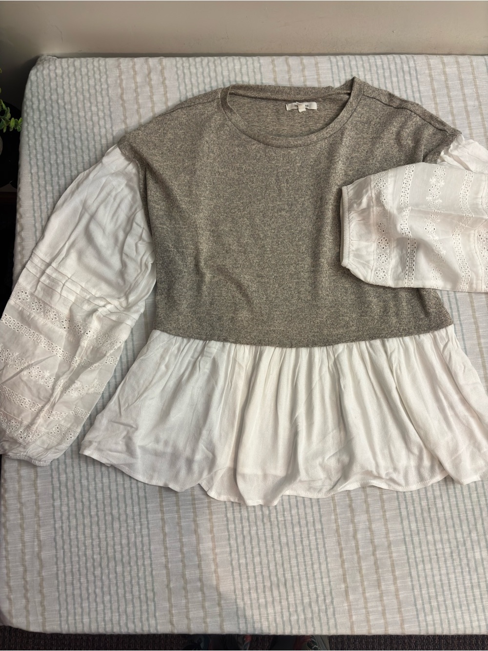 Maurices Taupe Knit Bodice with White Eyelet Sleeve & Peplum